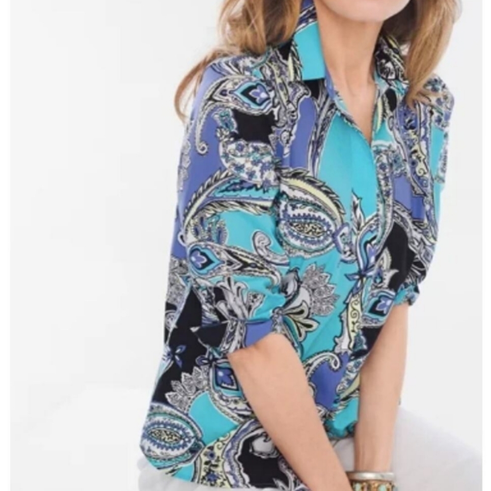 Chico's Maritime Bright Paisley No Iron Button Front Shirt Blouse
